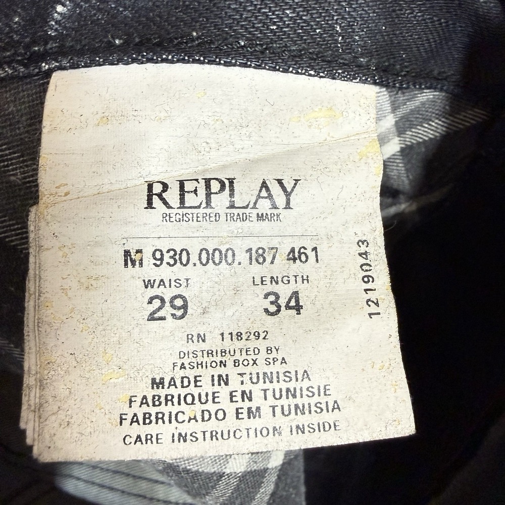 REPLAY Jeans Mens 29x34 Black WAXED Tunky Straight Leg Loose Fit Moto Biker EUC - Picture 10 of 15
